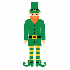 Vector illustration of a leprechaun in a green suit and hat. Leprechaun with a red beard..St.Patrick 's Day.