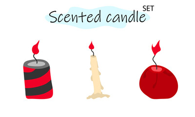 A set of scented candles with a burning fire. Candles for interior, lighting and romantic dates. Aromatherapy. Vector illustration in color design on a white background.