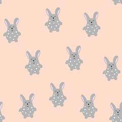 Seamless pattern with cute hand drawn little grey smiling bunny in doodle style,Easter illustration with rabbit,holiday decoration,print for wrapping paper,kids textile,nursery design,baby shower.