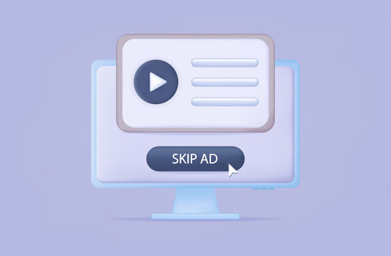 3d button skip ads on the computer. Apply to stop, continue prohibited. Icon refusal to join. Refusal to watch ads, skip. Isolated button on white. Click, go to another tab, stop. Vector illustration