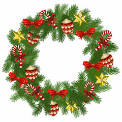 Fototapeta na wymiar Christmas wreath with fir branches, decorated with cones and various toys, candy canes. Vector illustration