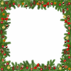 Fototapeta na wymiar Square frame of green spruce branches decorated with Christmas toys. Vector illustration