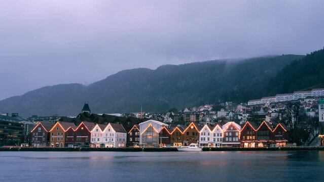 Timelapse of Bryggen in Bergen, Norway (Wide Shot). UNESCO World Heritage