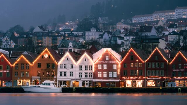 Timelapse of Bryggen in Bergen, Norway (Close Up). UNESCO World Heritage