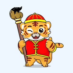 celebrating chinese new year, chinese new year, illustration of tiger cub wearing cheongsam dress, cartoon with kawaii and chibi style, tiger cub holding brush with black ink and ok sign in other hand