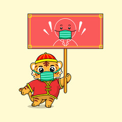 celebrating chinese new year, chinese new year, illustration of tiger cub wearing a cheongsam dress. tiger cub wearing a mask and holding a health information board. suitable for medical content