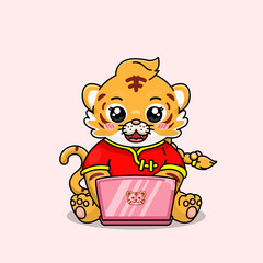celebrating chinese new year, chinese new year, illustration of tiger cub wearing cheongsam dress, cartoon with kawaii and chibi style, tigress cub playing laptop. suitable for Chinese New Year conten