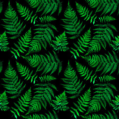 Fototapeta na wymiar Seamless pattern with leaves. Watercolor illustration of a seamless fern pattern. Decorative background of leaves and branches of a shrub of a polypodiophyte plant.
