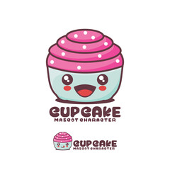 pink cup cake cartoon mascot, with a happy expression, suitable for, logos, prints, stickers, etc