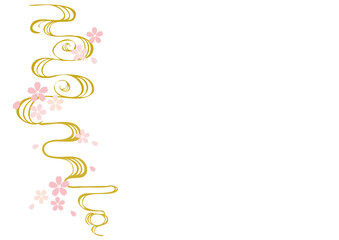 桜と手描きの金色の流水模様、桜小さめ、背景白