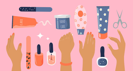 vector flat style illustration on the theme of nail and hand skin care. a set of elements for manicure - hands with painted nails, nail polish, creams, nail files, scissors