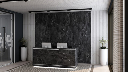 office front desk or receptionist room with wooden design interior