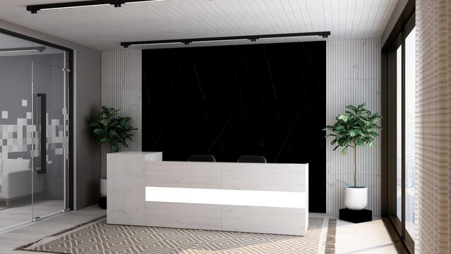 Office Front Desk Or Receptionist Room With Wooden Design Interior