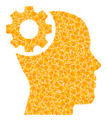 Vector gold brain gear mosaic icon. Brain gear is isolated on a white background. Gold particles collage based on brain gear icon. Mosaic brain gear iconic image is made of yellow elements.