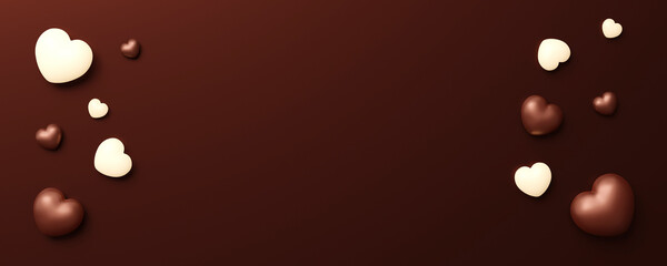 チョコレート色の背景に置かれたハート形のチョコレート / コピースペースのあるバレンタインギフトの背景素材 / 3Dレンダリンググラフィックス