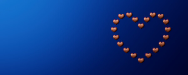 紺色の背景とハートの形に並べられたチョコレート / コピースペースのあるバレンタインギフトの背景素材 / 3Dレンダリンググラフィックス