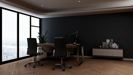 modern business office manager room with 3d design interior for company wall logo mockup