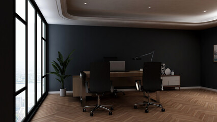 modern business office manager room with 3d design interior for company wall logo mockup