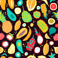 Seamless pattern with tropical spirit. Different exotic fruits in elegant simple style. Vector illustration.