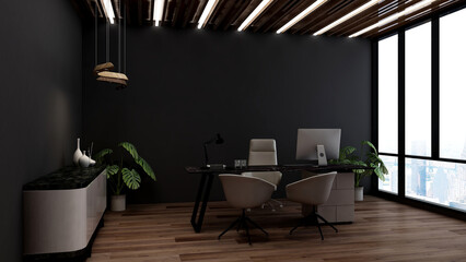 modern business office manager room with 3d design interior for company wall logo mockup