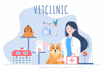 Veterinary Clinic Doctor Examining, Vaccination and Health care for Pets Like Dogs and Cats in Flat Cartoon Background Vector Illustration for Poster or Banner