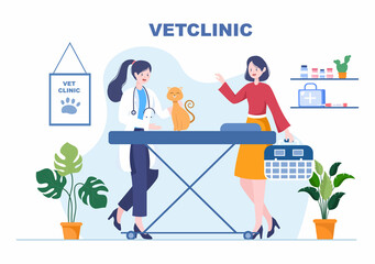 Veterinary Clinic Doctor Examining, Vaccination and Health care for Pets Like Dogs and Cats in Flat Cartoon Background Vector Illustration for Poster or Banner