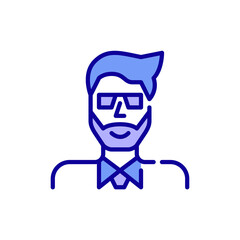 Bearded hipster man wearing a shirt and a tie. Pixel perfect, editable stroke color avatar icon