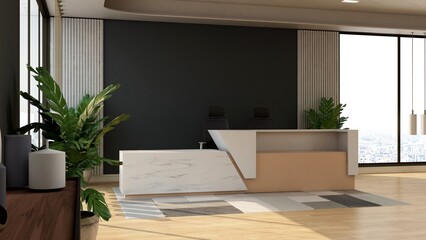 office front desk or receptionist room with wooden design interior