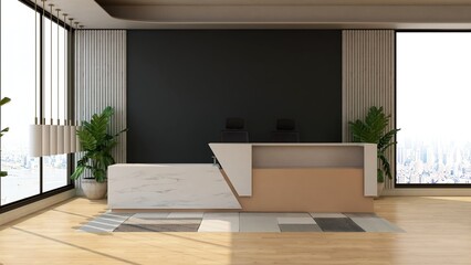 office front desk or receptionist room with wooden design interior