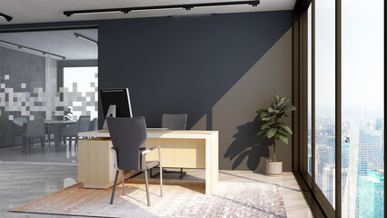 modern business office manager room with 3d design interior for company wall logo mockup