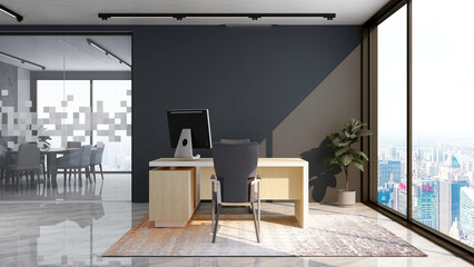 modern business office manager room with 3d design interior for company wall logo mockup