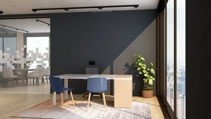 modern business office manager room with 3d design interior for company wall logo mockup
