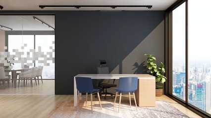 modern business office manager room with 3d design interior for company wall logo mockup