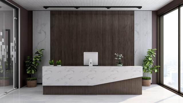 office front desk or receptionist room with wooden design interior