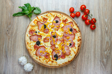 pizza with ham chesse onion corn and truffles