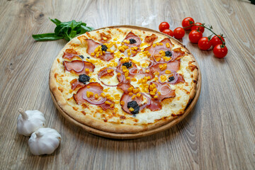 pizza with ham chesse onion corn and truffles