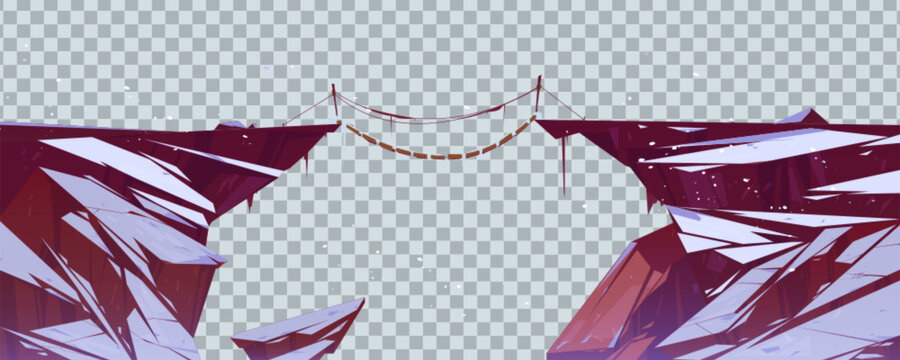 Suspension bridge over precipice between cliffs with snow isolated on transparent background. Vector cartoon illustration of wooden rope bridge over abyss in mountains in winter