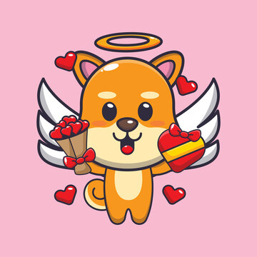 cute shiba inu dog mascot cartoon character illustration in valentine day