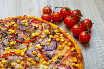 pizza with prosciutto, onion, red pepper, corn, tomato sauce, mushroom and cheese