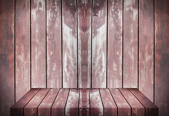 Empty vintage old brown wood Shelf Table with wooden wall. background is for backdrop design. for montage of your product