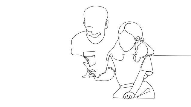 4k animated self drawing of continuous line drawing of Teach child girl to save money in piggy bank to manage finances save money spend earnings with economy plan family budget