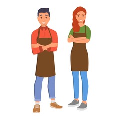 Smiling man and woman in an aprons. Vector illustration isolated on white background