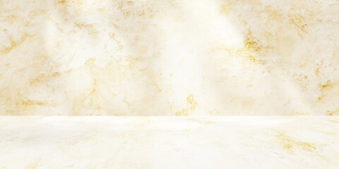 3Dレンダリング）白とはちみつ色のでこぼこ壁がある抽象的な背景　横長バナー　壁と床　展示　シンプル