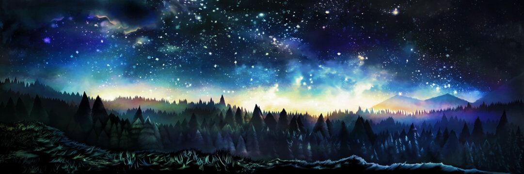 Space night banner / Illustration a landscape with starry sky. Сoniferous forest valley in the background. Horizontal banner, digital painting