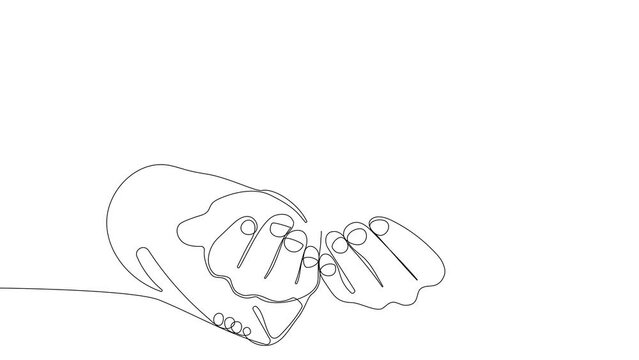4k animated self drawing of continuous line drawing of male hands puts a coin in a pink piggy bank the concept of saving money or savings investment with economy plan family budget