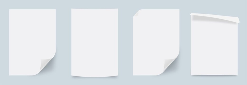 Vector collection of realistic folded empty paper pages. Glued paper wrinkled effect, vector realistic background. Vector white vertical paper corner rolled up.