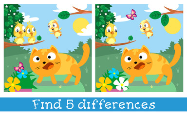 Kitten saw butterfly in yard. Character in cartoon style on summer background. Find 5 differences. Game for children. Vector full color illustration.