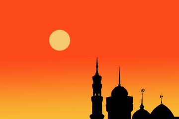 Mosques Dome shadow on twilight sky night dark red on Moon ramadan islamic religion symbols. Islamic new year Muharram, Mubarak, Eid al-fitr, Eid al-Adha, arabic concept.