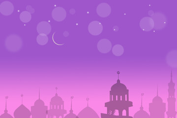 Mosques Dome shadow on twilight sky night on bokeh and purple background with Crescent Moon ramadan islamic religion symbols. Islamic new year Muharram,Mubarak,Eid al-fitr,Eid al-Adha, arabic concept.
