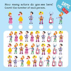 How many actors do you see here. Count the number of each person. Game for children. Math worksheet for kids. Vector color illustration.